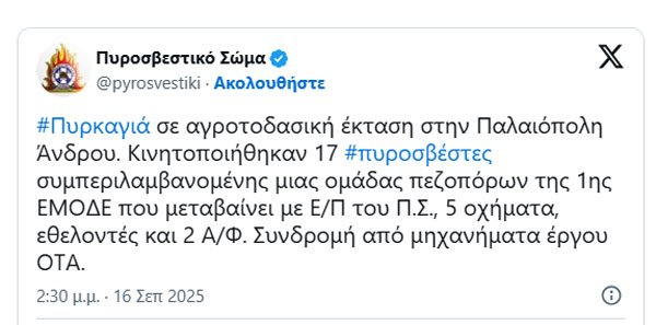 Σε εξέλιξη η φωτιά στην Παλαιόπολη